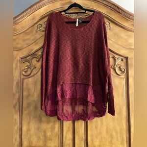 Love By Design Red Crew Neck Sweater with Lace Trim